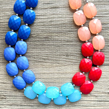 Load image into Gallery viewer, Color Block Double Statement Necklace, Chunky Jewelry Big Beaded Necklace, coral blue teal red Necklace, bead bubble coral peach earrings