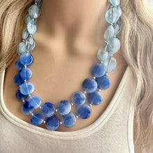 Load image into Gallery viewer, Royal Blue Double Strand Statement Necklace, Chunky light blue Oval Beaded Bib Jewelry, blue jewelry, stone acrylic blue jewlery necklace