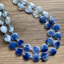 Load image into Gallery viewer, Royal Blue Double Strand Statement Necklace, Chunky light blue Oval Beaded Bib Jewelry, blue jewelry, stone acrylic blue jewlery necklace