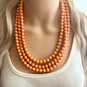 Chunky Multi 3 Strand Statement Necklace, orange peel beaded jewelry, shiny orange jewelry, chunky bib metallic ball beads