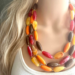 November Nostalgia Chunky 3 Strand Statement Necklace, fall necklace, red jewelry, orange necklace, yellow marigold necklace earrings