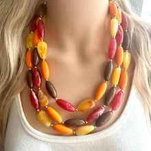 Load image into Gallery viewer, November Nostalgia Chunky 3 Strand Statement Necklace, fall necklace, red jewelry, orange necklace, yellow marigold necklace earrings