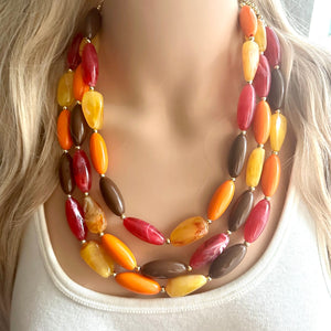 November Nostalgia Chunky 3 Strand Statement Necklace, fall necklace, red jewelry, orange necklace, yellow marigold necklace earrings