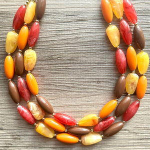 November Nostalgia Chunky 3 Strand Statement Necklace, fall necklace, red jewelry, orange necklace, yellow marigold necklace earrings