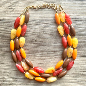 November Nostalgia Chunky 3 Strand Statement Necklace, fall necklace, red jewelry, orange necklace, yellow marigold necklace earrings
