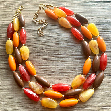 November Nostalgia Chunky 3 Strand Statement Necklace, fall necklace, red jewelry, orange necklace, yellow marigold necklace earrings