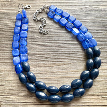 Load image into Gallery viewer, Coastline Park Chunky Multi Strand Navy Blue Statement Necklace, aqua blue beaded jewelry, Royal blue jewelry, turquoise bridesmaid dressy