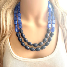 Load image into Gallery viewer, Coastline Park Chunky Multi Strand Navy Blue Statement Necklace, aqua blue beaded jewelry, Royal blue jewelry, turquoise bridesmaid dressy