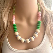 Load image into Gallery viewer, Pink &amp; Green Statement Necklace, single One Strand Statement Necklace, blue periwinkle necklace, chunky bib bubble girls wood layering