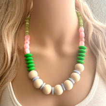 Load image into Gallery viewer, Pink &amp; Green Statement Necklace, single One Strand Statement Necklace, blue periwinkle necklace, chunky bib bubble girls wood layering