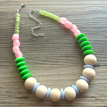 Load image into Gallery viewer, Pink &amp; Green Statement Necklace, single One Strand Statement Necklace, blue periwinkle necklace, chunky bib bubble girls wood layering