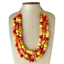 Load image into Gallery viewer, Thanksgiving Reunion Chunky 3 Strand Statement Necklace, fall necklace, red jewelry, orange necklace, yellow marigold necklace earrings