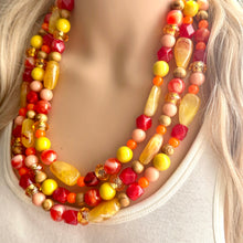Load image into Gallery viewer, Thanksgiving Reunion Chunky 3 Strand Statement Necklace, fall necklace, red jewelry, orange necklace, yellow marigold necklace earrings