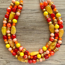 Load image into Gallery viewer, Thanksgiving Reunion Chunky 3 Strand Statement Necklace, fall necklace, red jewelry, orange necklace, yellow marigold necklace earrings