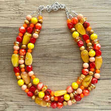 Load image into Gallery viewer, Thanksgiving Reunion Chunky 3 Strand Statement Necklace, fall necklace, red jewelry, orange necklace, yellow marigold necklace earrings