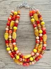 Load image into Gallery viewer, Thanksgiving Reunion Chunky 3 Strand Statement Necklace, fall necklace, red jewelry, orange necklace, yellow marigold necklace earrings
