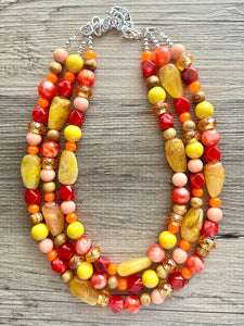 Thanksgiving Reunion Chunky 3 Strand Statement Necklace, fall necklace, red jewelry, orange necklace, yellow marigold necklace earrings
