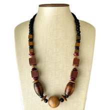 Load image into Gallery viewer, Wood Beaded long necklace, neutral beaded statement necklace, everyday gem stone chunky layering necklace vintage brown tan jewelry