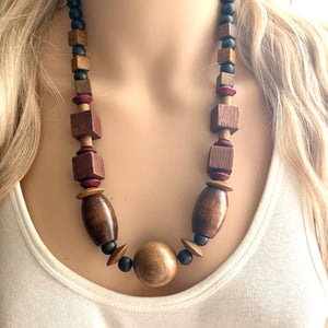 Wood Beaded long necklace, neutral beaded statement necklace, everyday gem stone chunky layering necklace vintage brown tan jewelry