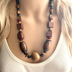 Wood Beaded long necklace, neutral beaded statement necklace, everyday gem stone chunky layering necklace vintage brown tan jewelry