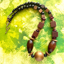 Load image into Gallery viewer, Wood Beaded long necklace, neutral beaded statement necklace, everyday gem stone chunky layering necklace vintage brown tan jewelry