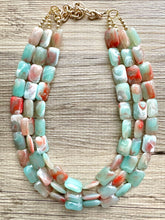 Load image into Gallery viewer, Seafoam Statement Necklace, Triple Strand Chunky Beaded Necklace, red mint green Jewelry, Spring Jewelry, blue Necklace, aqua beaded