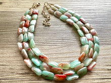 Load image into Gallery viewer, Seafoam Statement Necklace, Triple Strand Chunky Beaded Necklace, red mint green Jewelry, Spring Jewelry, blue Necklace, aqua beaded