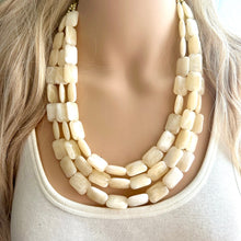 Load image into Gallery viewer, Blonde Beaded Necklace, 3 Strand Statement Jewelry, pale yellow Chunky bib bridesmaid, pastel yellow earrings geometric creamy