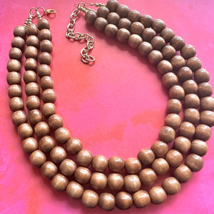 3 Strand Wood Beaded Necklace, brown Jewelry Chunky statement necklace, big beaded necklace jewelry, natural smooth wood earrings