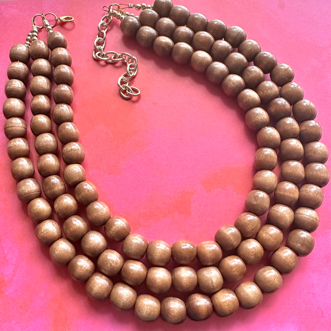 3 Strand Wood Beaded Necklace, brown Jewelry Chunky statement necklace, big beaded necklace jewelry, natural smooth wood earrings