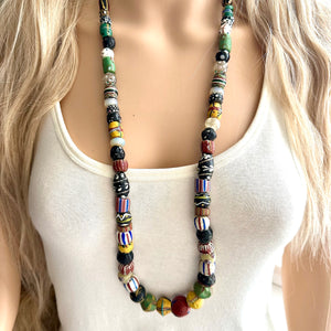 Vintage Long Earthy Clay Geometric Necklace, single Strand Statement Jewelry, everyday bone tribal rainbow colorful striped dotted black