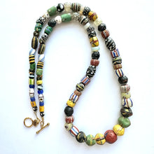 Load image into Gallery viewer, Vintage Long Earthy Clay Geometric Necklace, single Strand Statement Jewelry, everyday bone tribal rainbow colorful striped dotted black