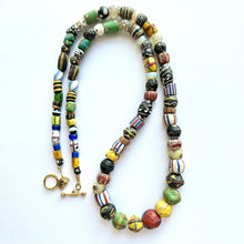 Load image into Gallery viewer, Vintage Long Earthy Clay Geometric Necklace, single Strand Statement Jewelry, everyday bone tribal rainbow colorful striped dotted black