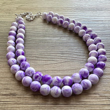 Load image into Gallery viewer, Purple Swirl Statement Necklace, Big Beaded necklace, chunky beaded necklace wedding, lavender jewelry, 2 strand white striped jewelry