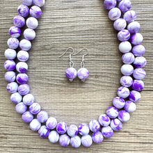 Load image into Gallery viewer, Purple Swirl Statement Necklace, Big Beaded necklace, chunky beaded necklace wedding, lavender jewelry, 2 strand white striped jewelry