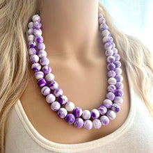 Load image into Gallery viewer, Purple Swirl Statement Necklace, Big Beaded necklace, chunky beaded necklace wedding, lavender jewelry, 2 strand white striped jewelry