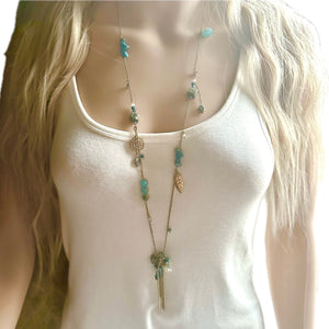 Vintage Silver & Turquoise Beaded long necklace, shiny beaded statement necklace, everyday metal chunky layering necklace