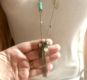 Vintage Silver & Turquoise Beaded long necklace, shiny beaded statement necklace, everyday metal chunky layering necklace