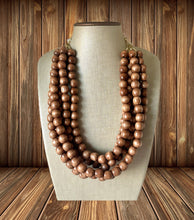 Load image into Gallery viewer, 5 Strand Wood Beaded Necklace, brown Jewelry Chunky statement necklace, big beaded necklace jewelry, natural smooth wood earrings