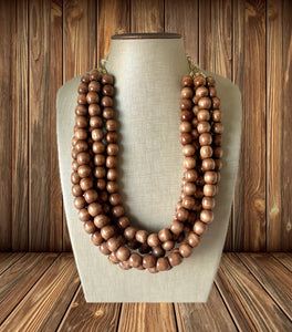 5 Strand Wood Beaded Necklace, brown Jewelry Chunky statement necklace, big beaded necklace jewelry, natural smooth wood earrings