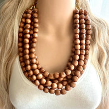 Load image into Gallery viewer, 5 Strand Wood Beaded Necklace, brown Jewelry Chunky statement necklace, big beaded necklace jewelry, natural smooth wood earrings