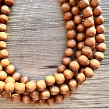 Load image into Gallery viewer, 5 Strand Wood Beaded Necklace, brown Jewelry Chunky statement necklace, big beaded necklace jewelry, natural smooth wood earrings