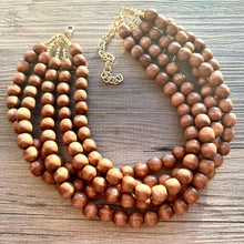 Load image into Gallery viewer, 5 Strand Wood Beaded Necklace, brown Jewelry Chunky statement necklace, big beaded necklace jewelry, natural smooth wood earrings