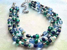 Load image into Gallery viewer, Blue Green Beach Resort Statement Necklace, Chunky 5 Strand Jewelry, turquoise silver necklace, bib beaded collar blue bead emerald glass