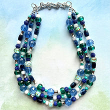 Load image into Gallery viewer, Blue Green Beach Resort Statement Necklace, Chunky 5 Strand Jewelry, turquoise silver necklace, bib beaded collar blue bead emerald glass