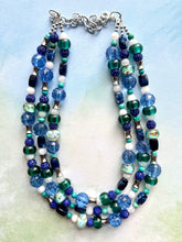 Load image into Gallery viewer, Blue Green Beach Resort Statement Necklace, Chunky 5 Strand Jewelry, turquoise silver necklace, bib beaded collar blue bead emerald glass