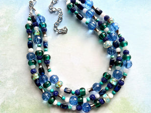 Blue Green Beach Resort Statement Necklace, Chunky 5 Strand Jewelry, turquoise silver necklace, bib beaded collar blue bead emerald glass