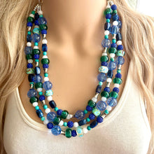 Load image into Gallery viewer, Blue Green Beach Resort Statement Necklace, Chunky 5 Strand Jewelry, turquoise silver necklace, bib beaded collar blue bead emerald glass
