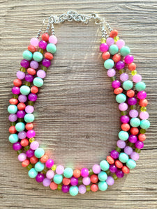 Strawberry Lime Macaroon Necklace, multi strand colorful jewelry, big beaded chunky statement necklace pink necklace mint green earrings