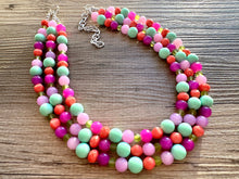 Load image into Gallery viewer, Strawberry Lime Macaroon Necklace, multi strand colorful jewelry, big beaded chunky statement necklace pink necklace mint green earrings